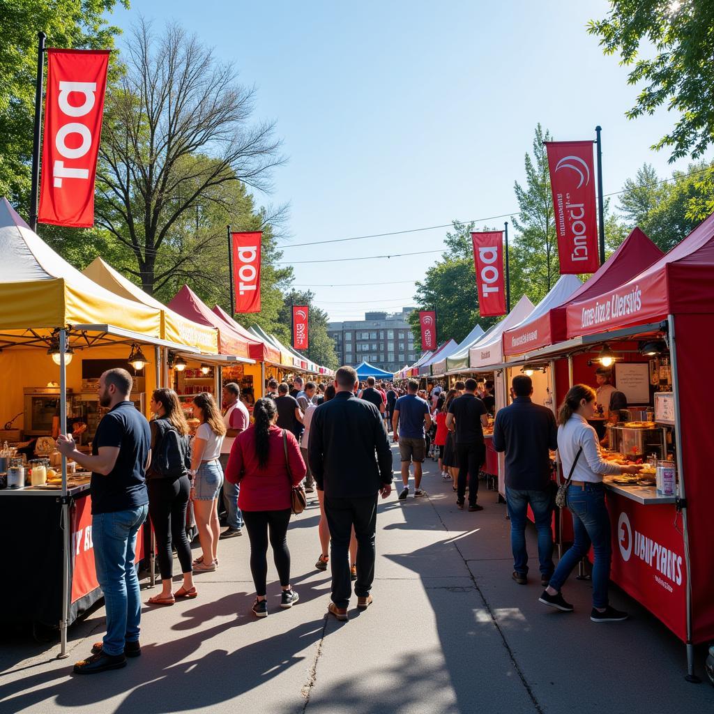 Colorful Pop-Up Food Tents at a Busy Market