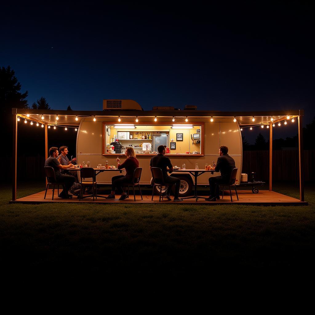 A porch food trailer lit up at night