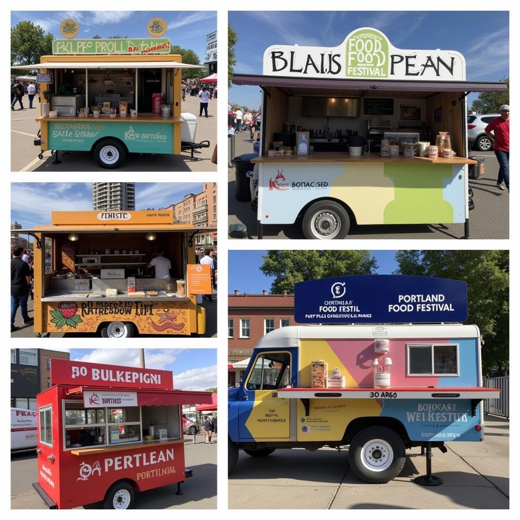 Various food stalls offering diverse cuisines at the Portland Food Festival.