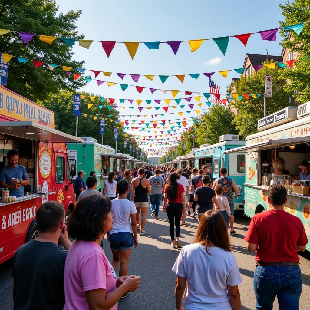 Food trucks gathered at a vibrant festival in Portsmouth, NH, serving diverse cuisines to a large crowd.