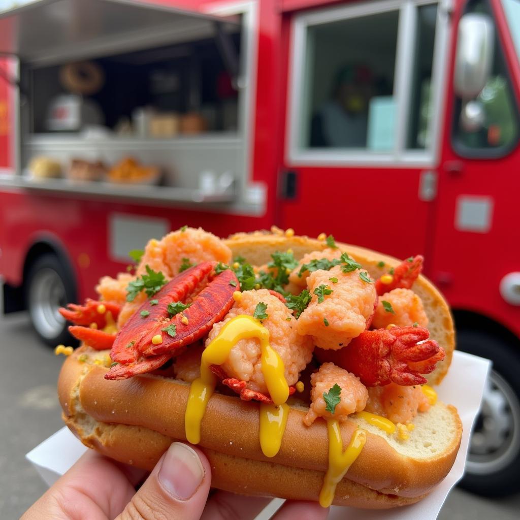 A close-up of a delicious lobster roll served from a food truck in Portsmouth, NH.