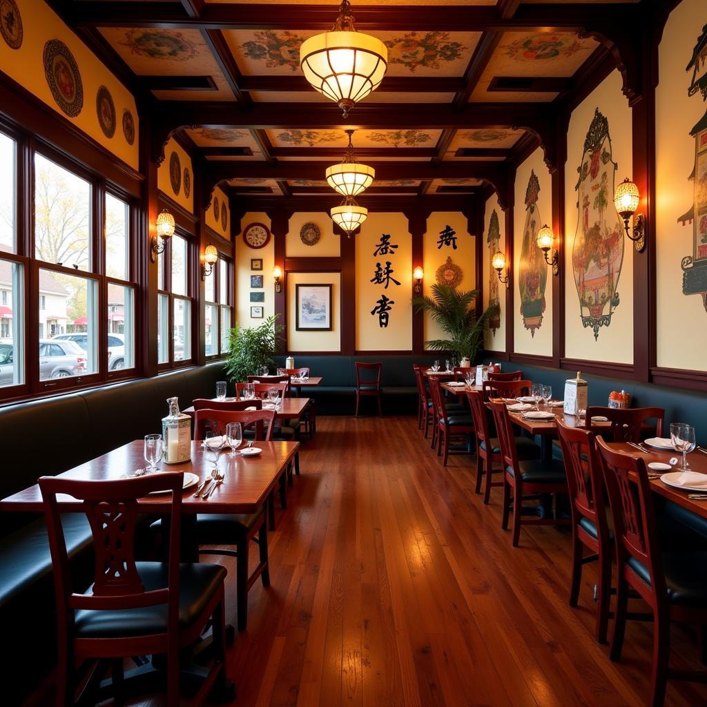 The warm and inviting interior of a Chinese restaurant in Portsmouth, RI, decorated with traditional elements and filled with the aroma of delicious food.