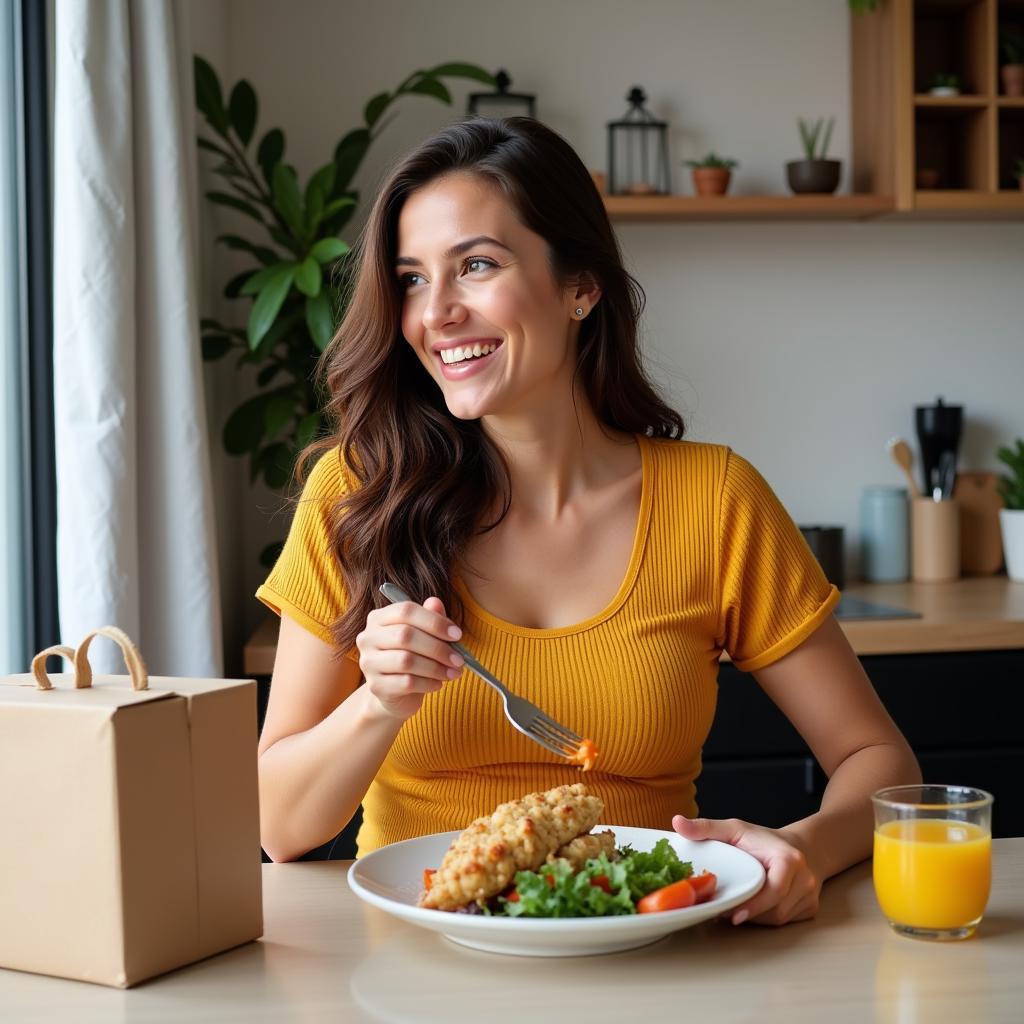 Pregnant woman enjoying a healthy delivered meal