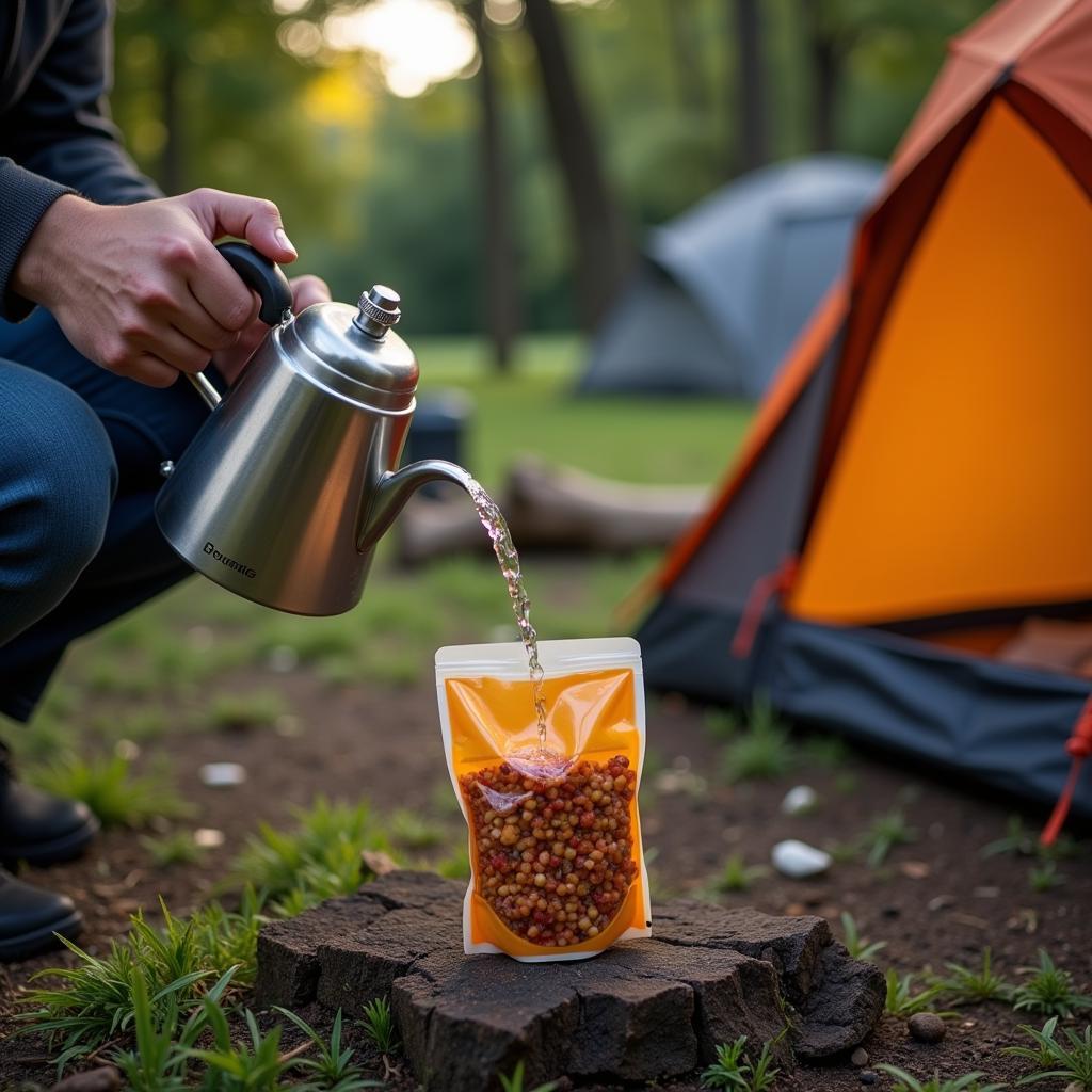 Preparing freeze-dried food at a campsite