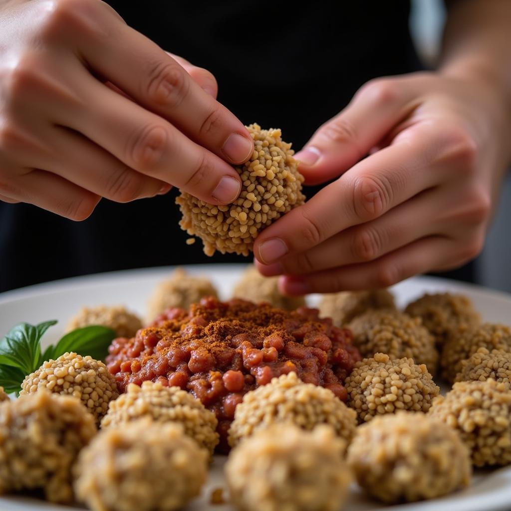 Preparing kibbeh, a traditional Dama food, in a Damascus kitchen.