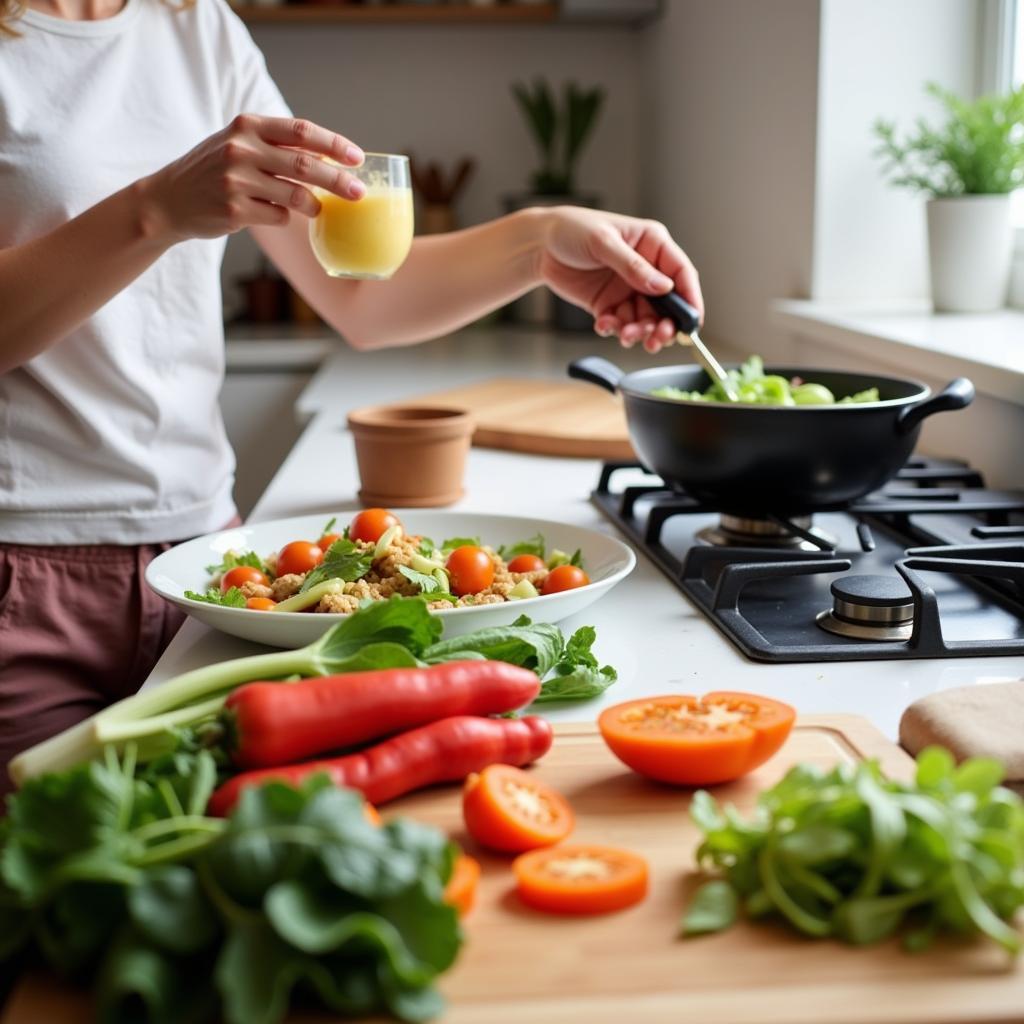 Preparing low FODMAP meals at home with fresh ingredients.