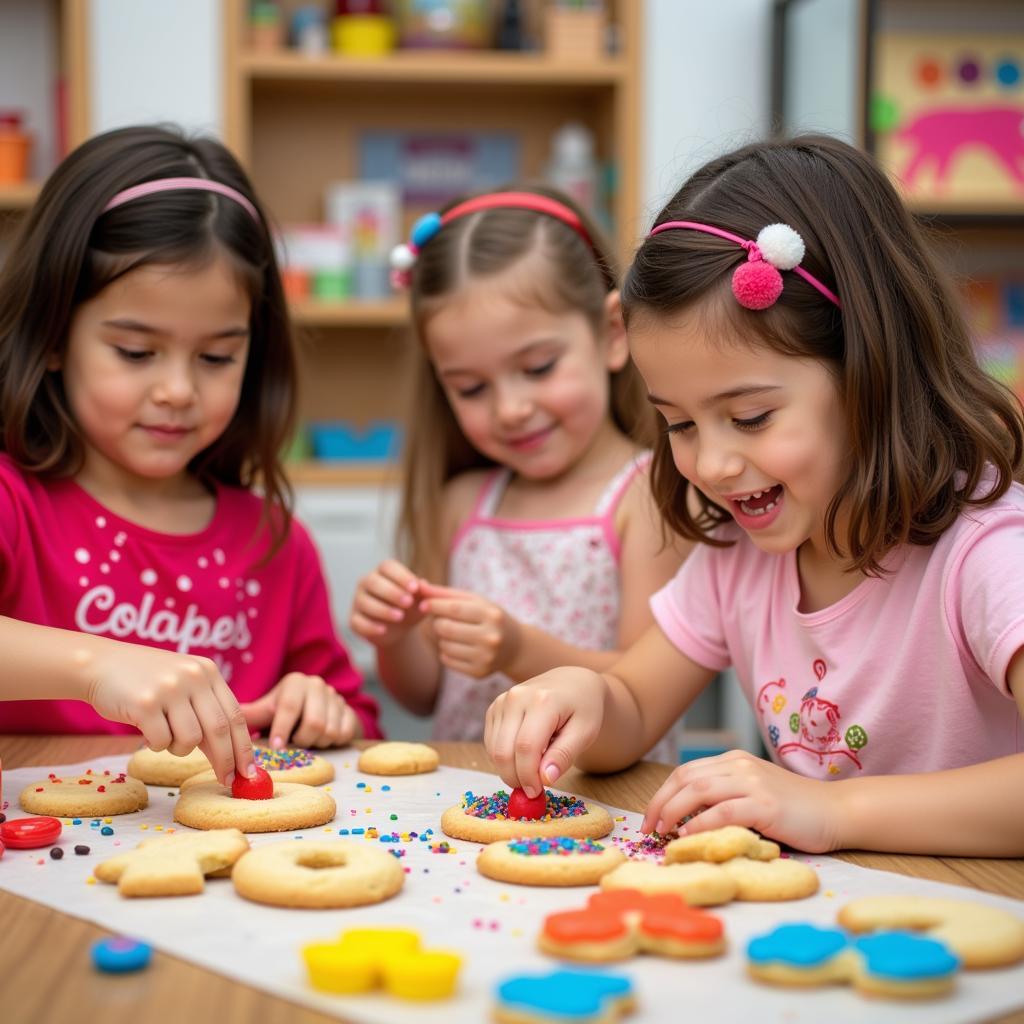 Preschoolers decorating cookies with frosting and sprinkles