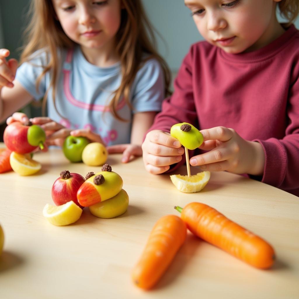 Preschoolers creating fruit and vegetable animals