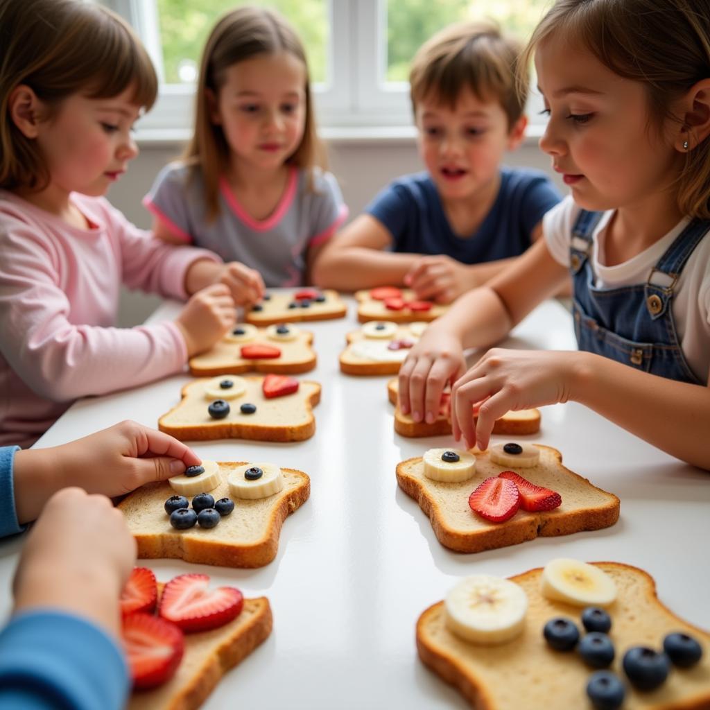 Preschoolers creating funny faces on whole-wheat toast using various fruits