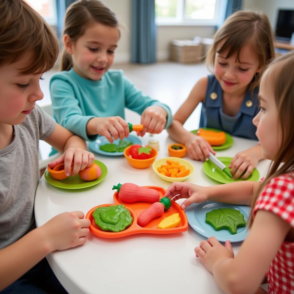 Children playing with a pretend food set to develop fine motor skills