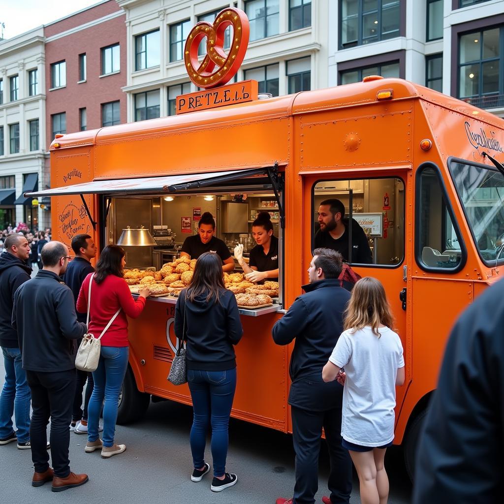 A vibrant pretzel food truck serving a variety of freshly baked pretzels with different toppings and dips to a crowd of happy customers.