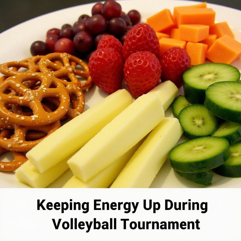 Healthy and convenient snacks for volleyball tournaments: Pretzels, fruit, and vegetables offer quick and nutritious options.