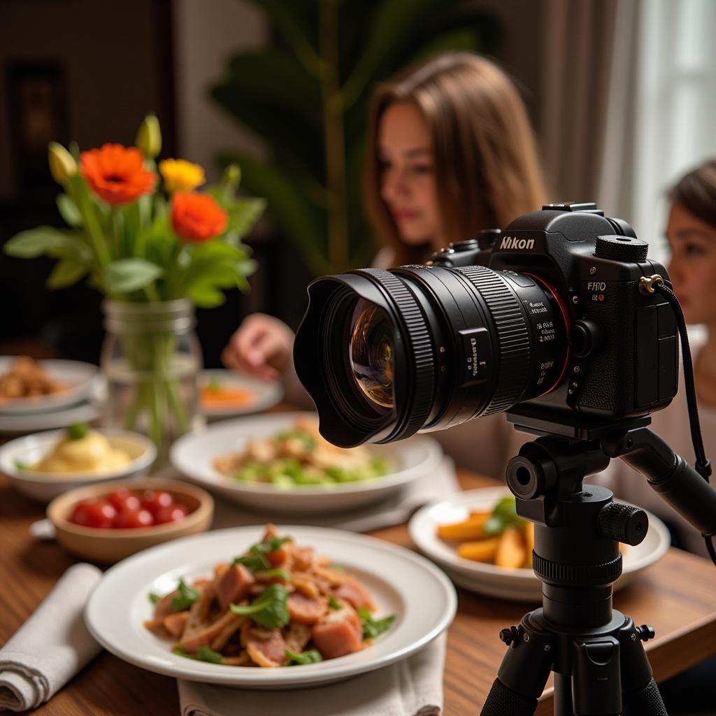 A prime lens attached to a camera positioned above a table setting with food.