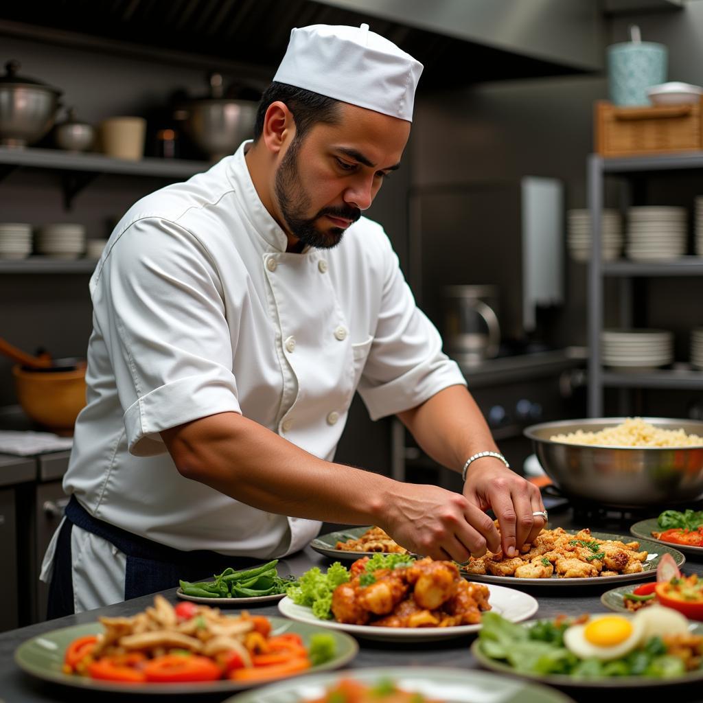 Professional Hispanic Food Caterer Preparing Dishes