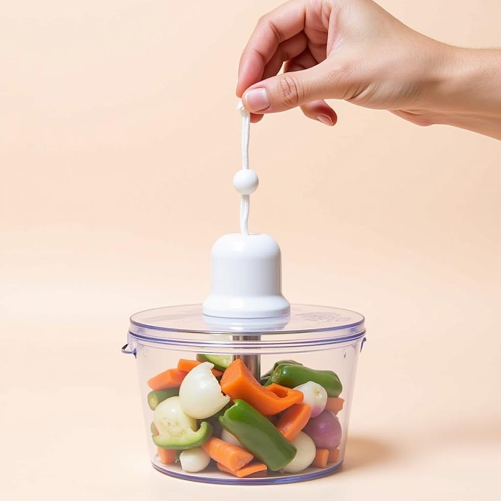 Pulling the string of a food processor to chop vegetables.