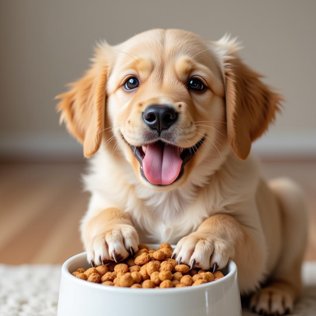 Happy Puppy Eating from a Bowl