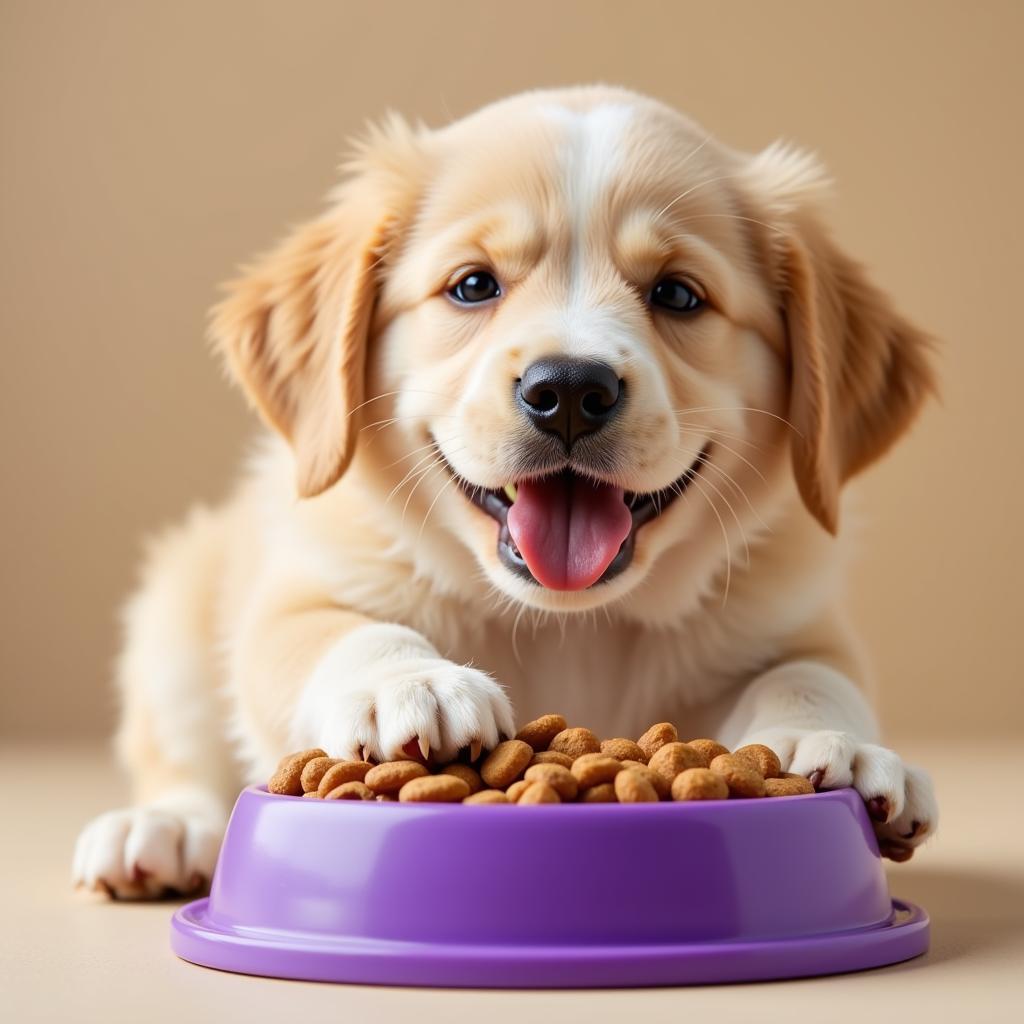 Puppy Eating from a Purple Bowl