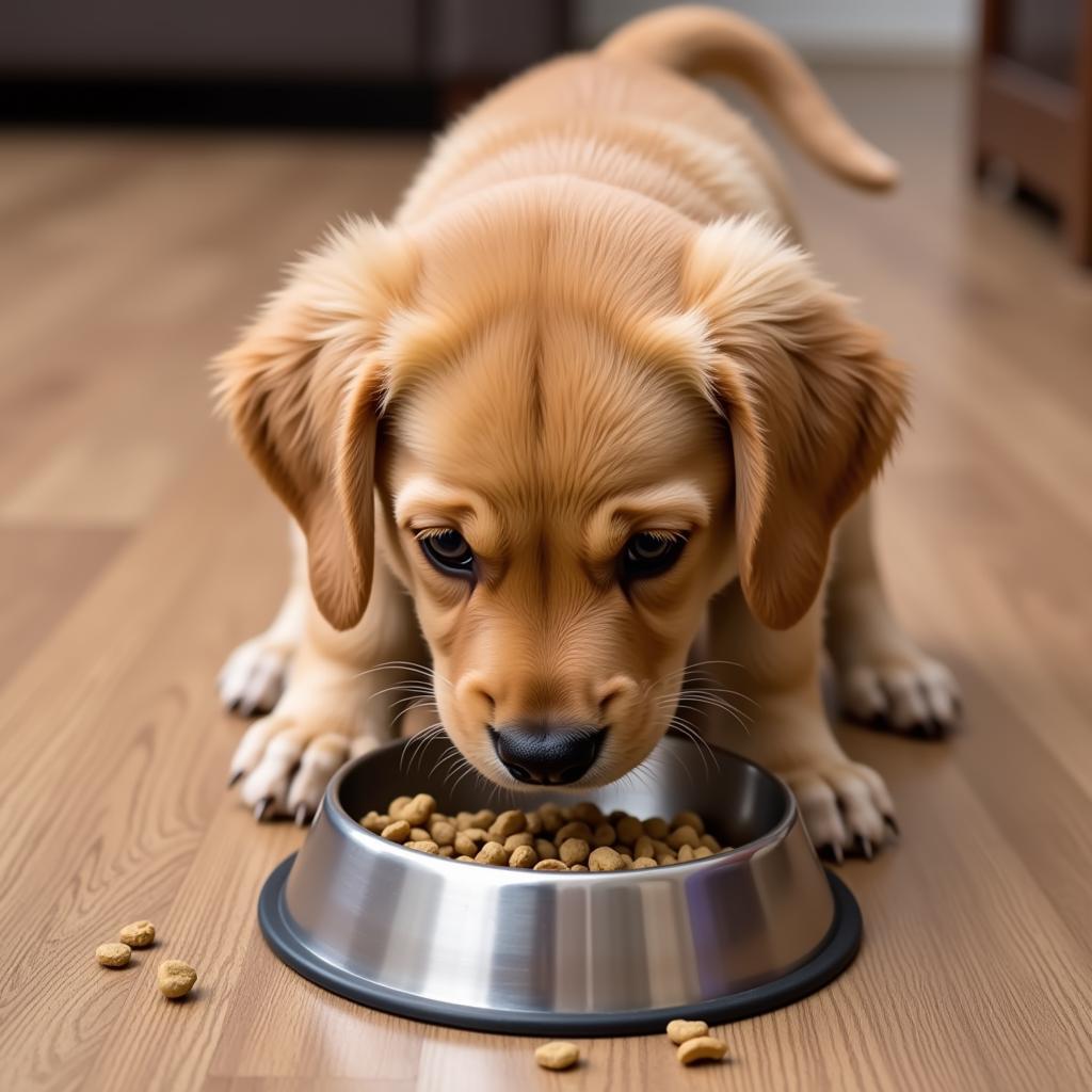 Puppy enjoying a bowl of kibble