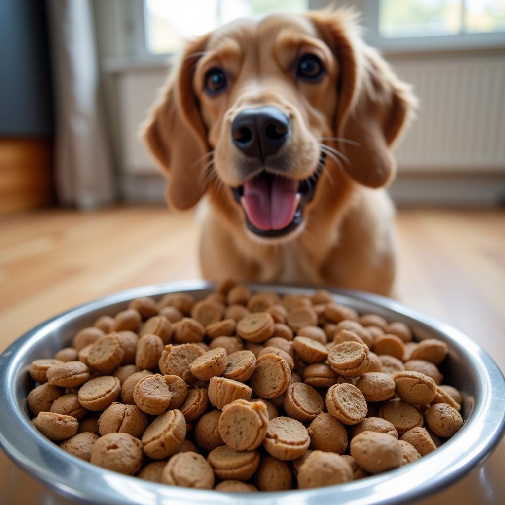 Dog enjoying a bowl of rabbit-based dog food