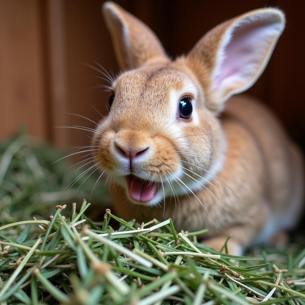 A rabbit happily munching on hay