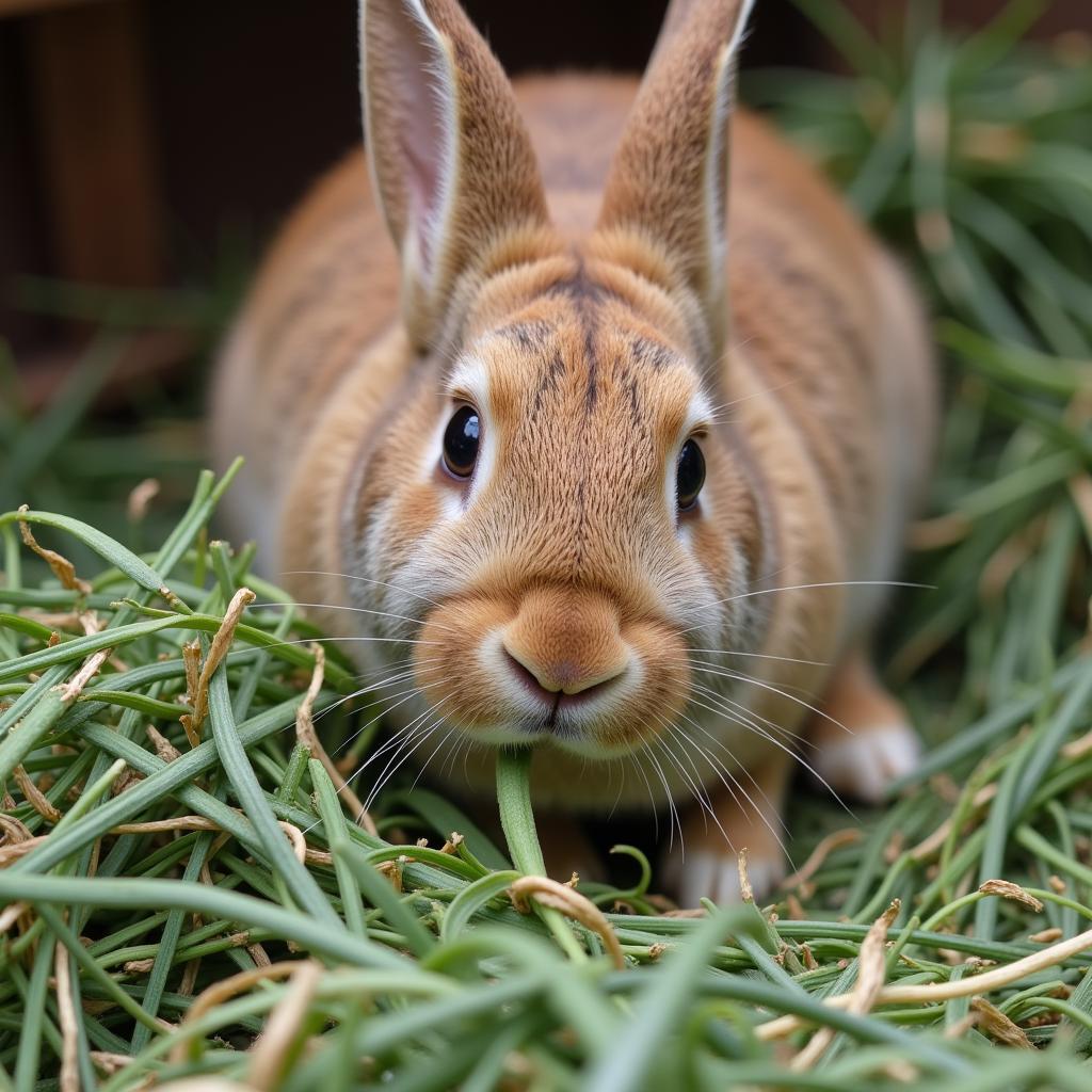 A rabbit enjoying a pile of fresh timothy hay