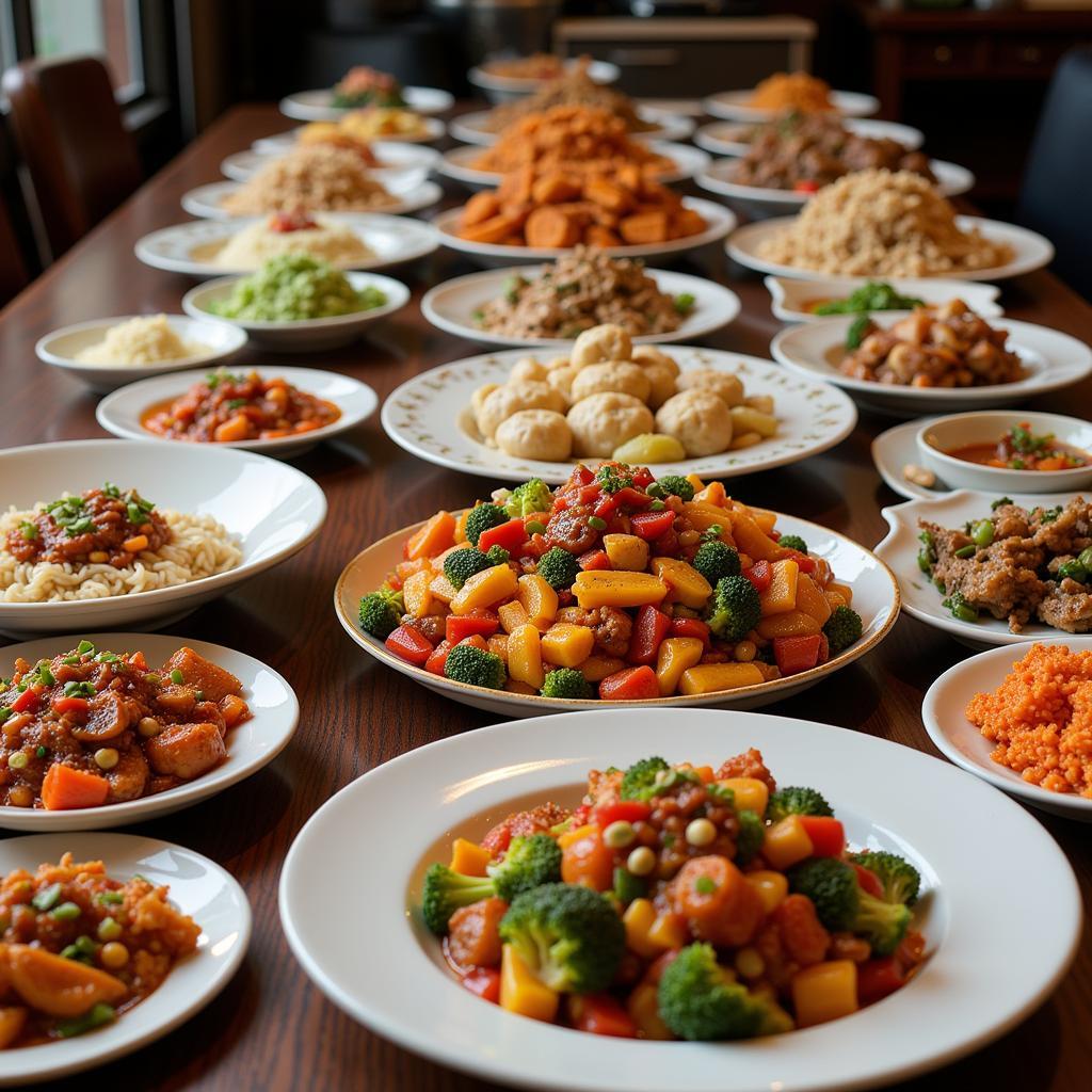 A table filled with various Chinese dishes in Randolph, MA