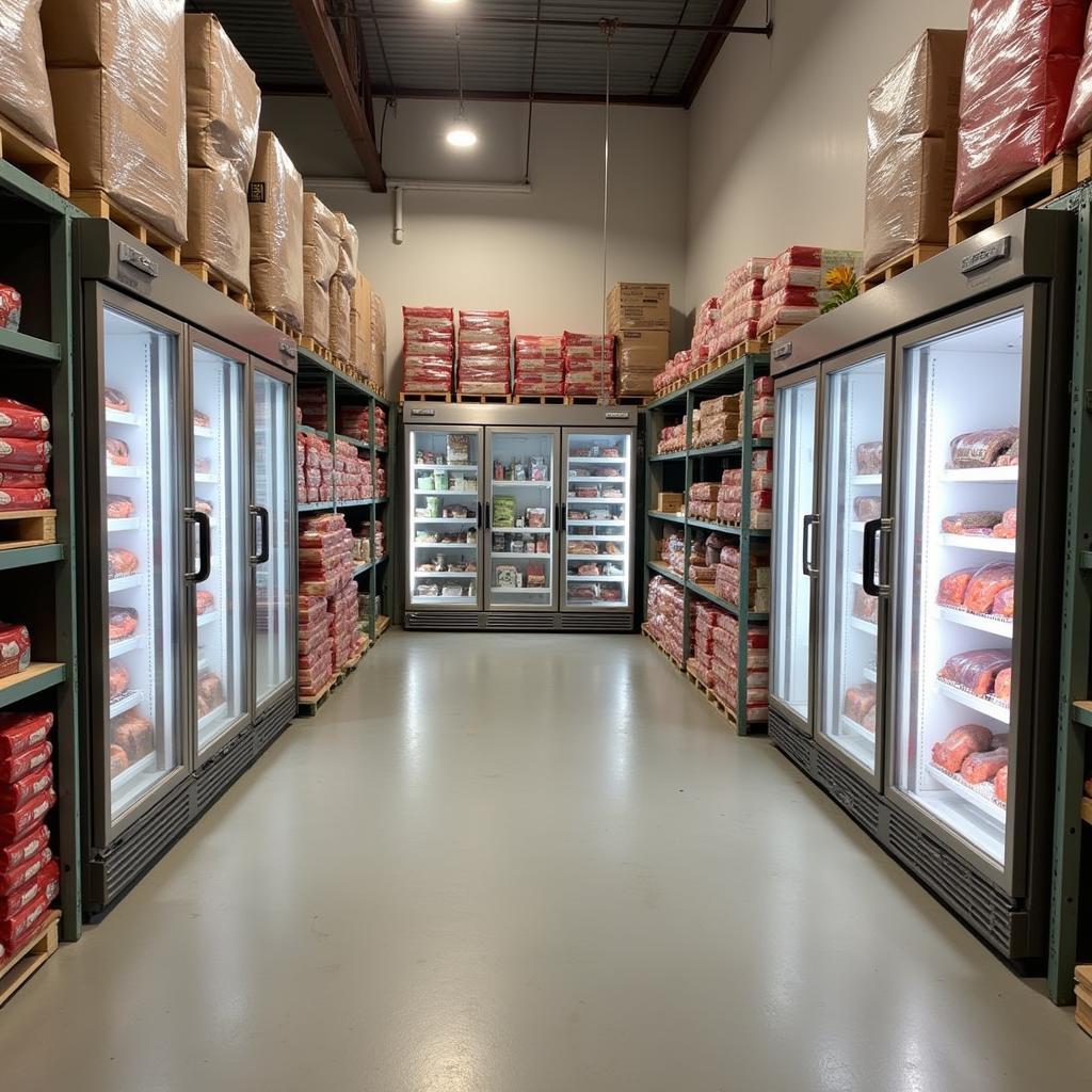 Raw dog food being stored and organized in a distributor's warehouse.