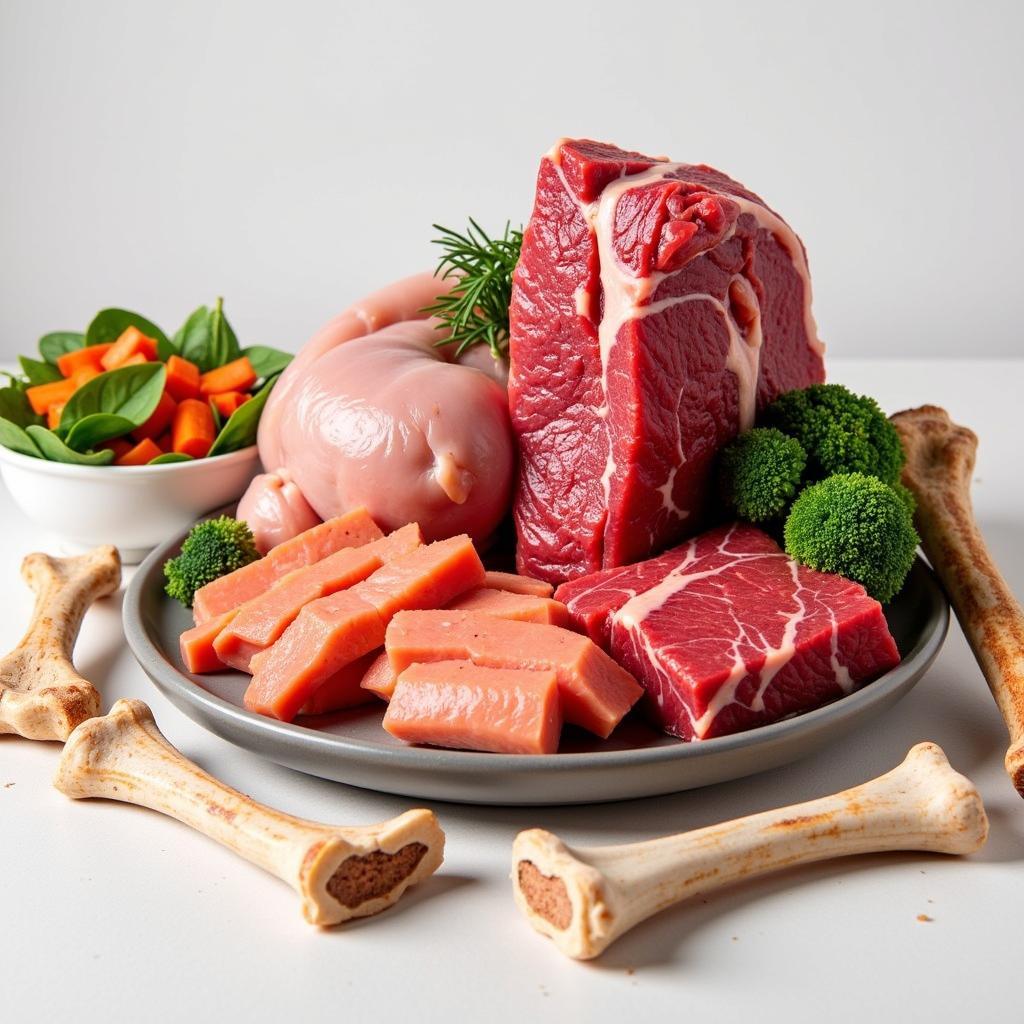 Raw Dog Food Ingredients: A Selection of Fresh Meat, Bones, and Vegetables