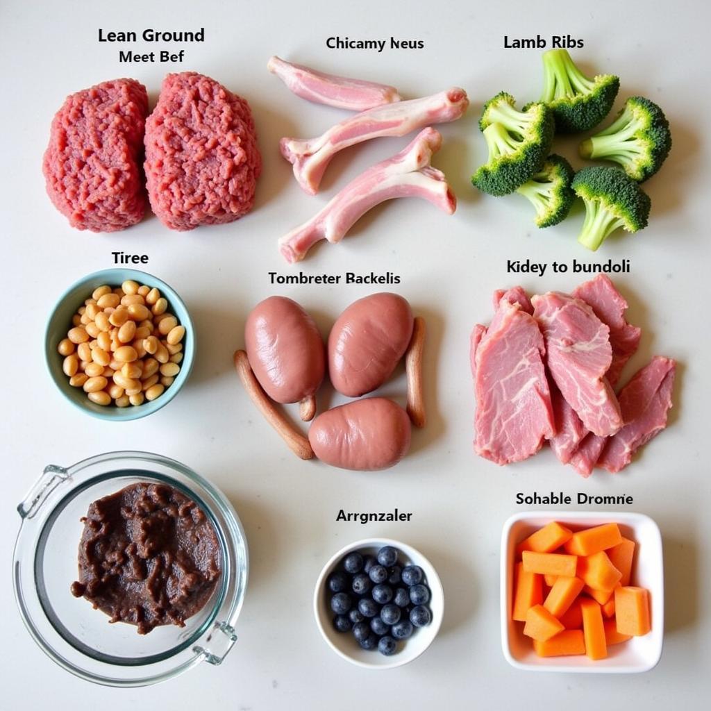 Raw food ingredients for a pitbull puppy diet, including meat, bones, and vegetables.