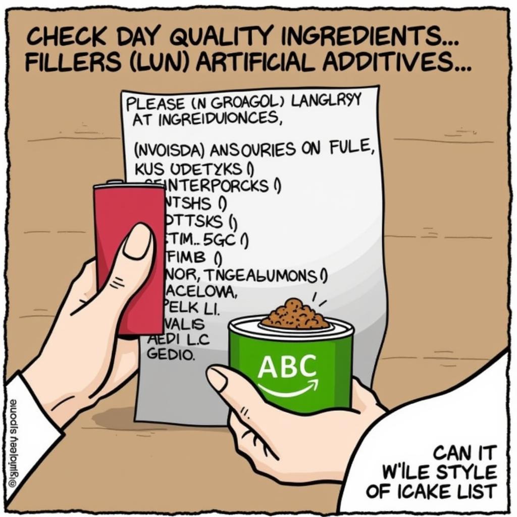 A person carefully reading the ingredient list on a can of pate style dog food