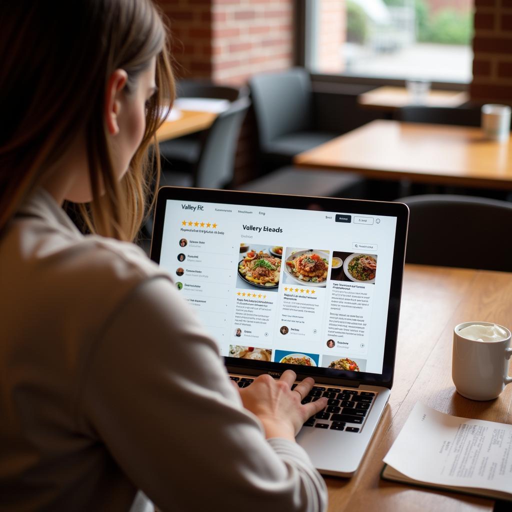 A person reading online reviews for local restaurants on a laptop.