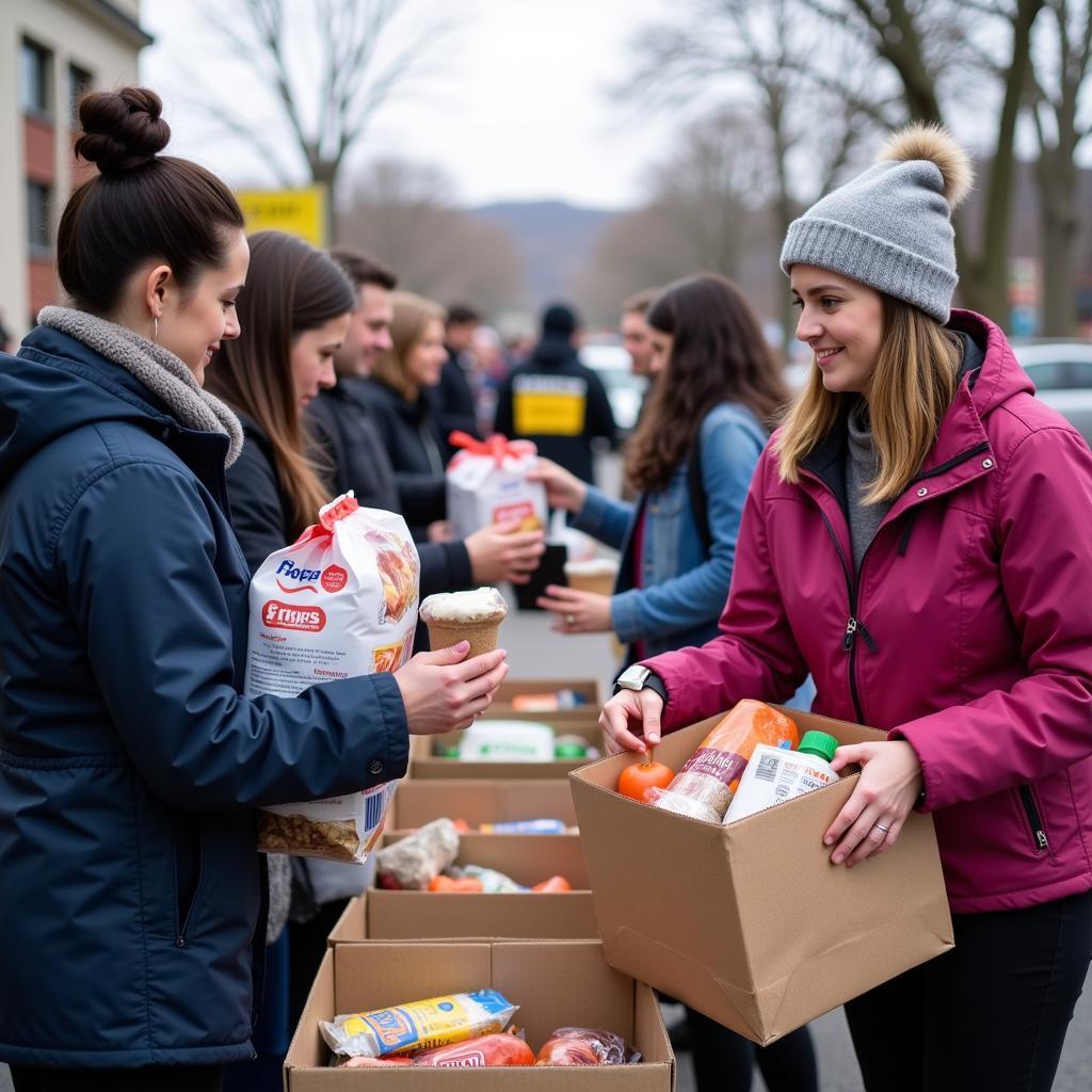 People receiving food assistance at a mobile food pantry.