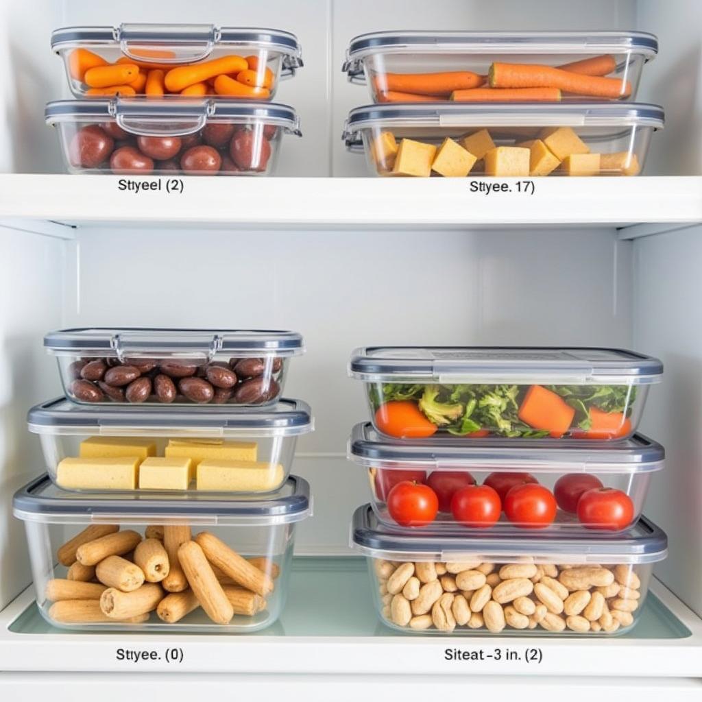 Several rectangular food storage containers filled with prepped meals, neatly arranged in a refrigerator.