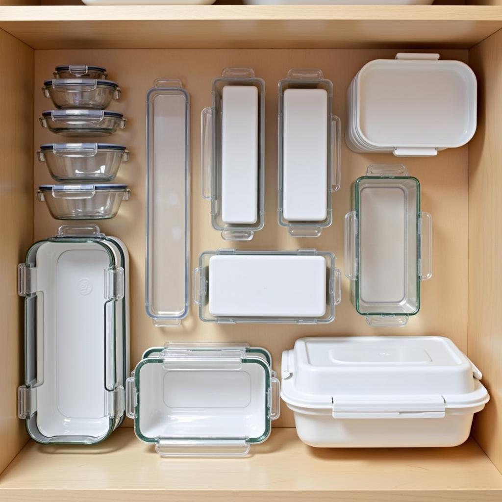 Various rectangular food storage containers showcasing different sizes, materials, and lid designs.