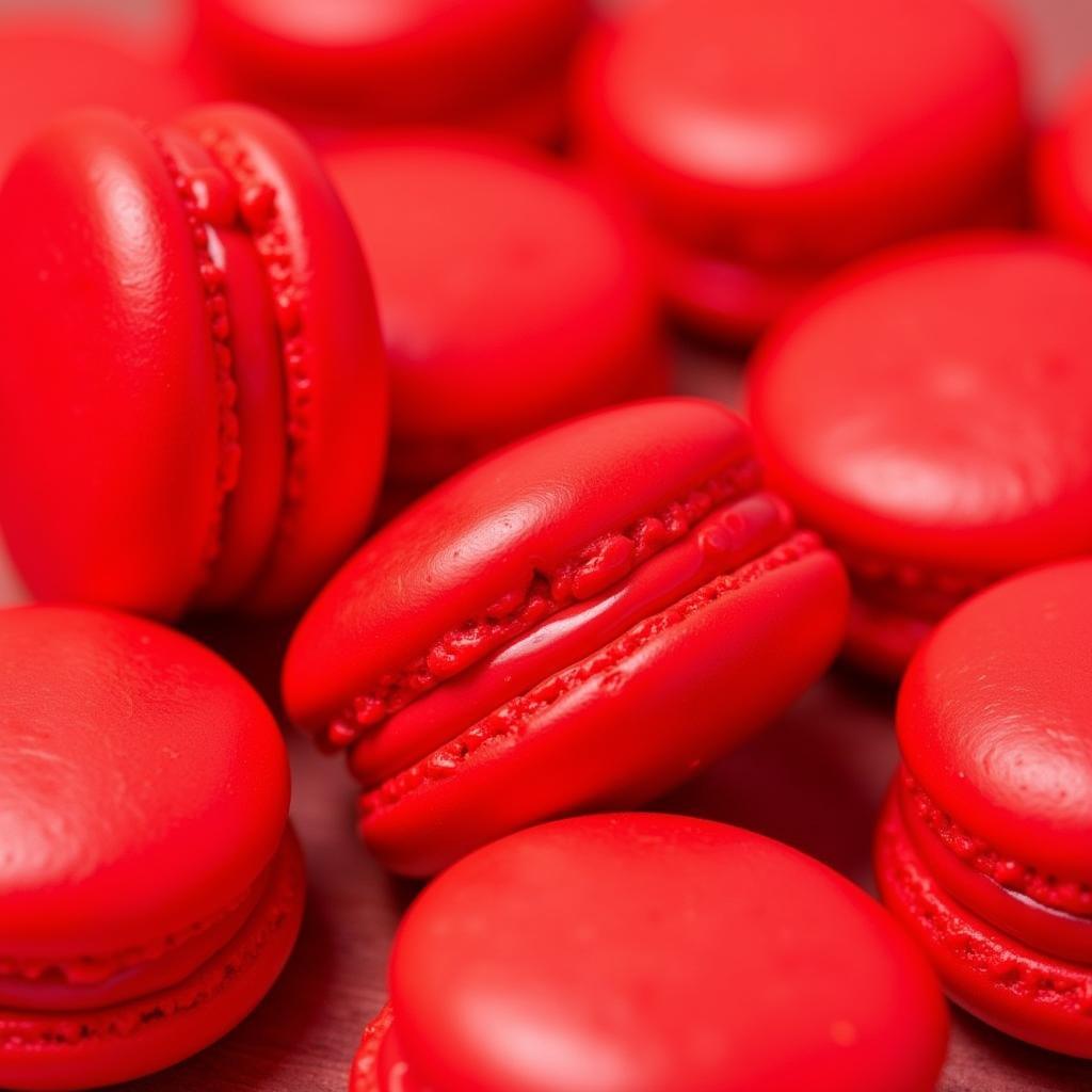 A selection of vibrant red macarons made with red oil based food coloring.