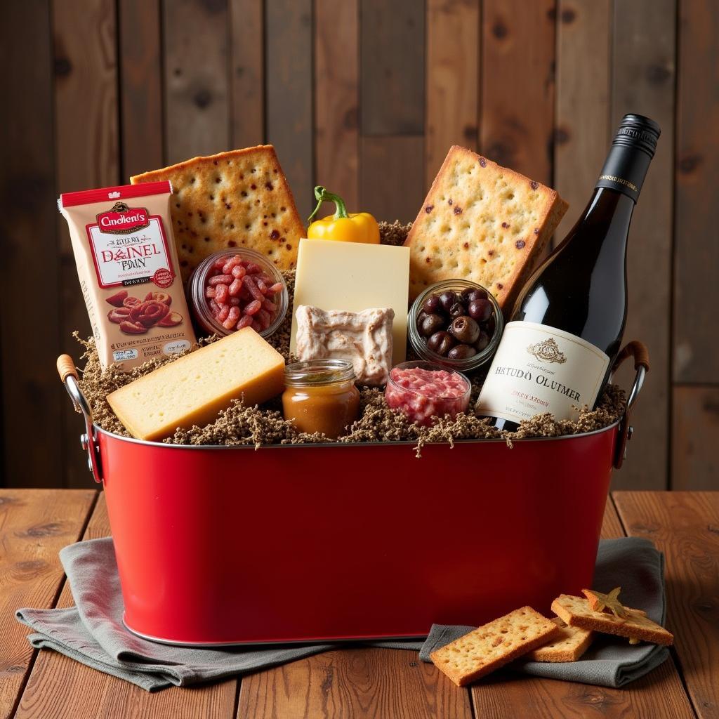 Red metal basket filled with gourmet food items.