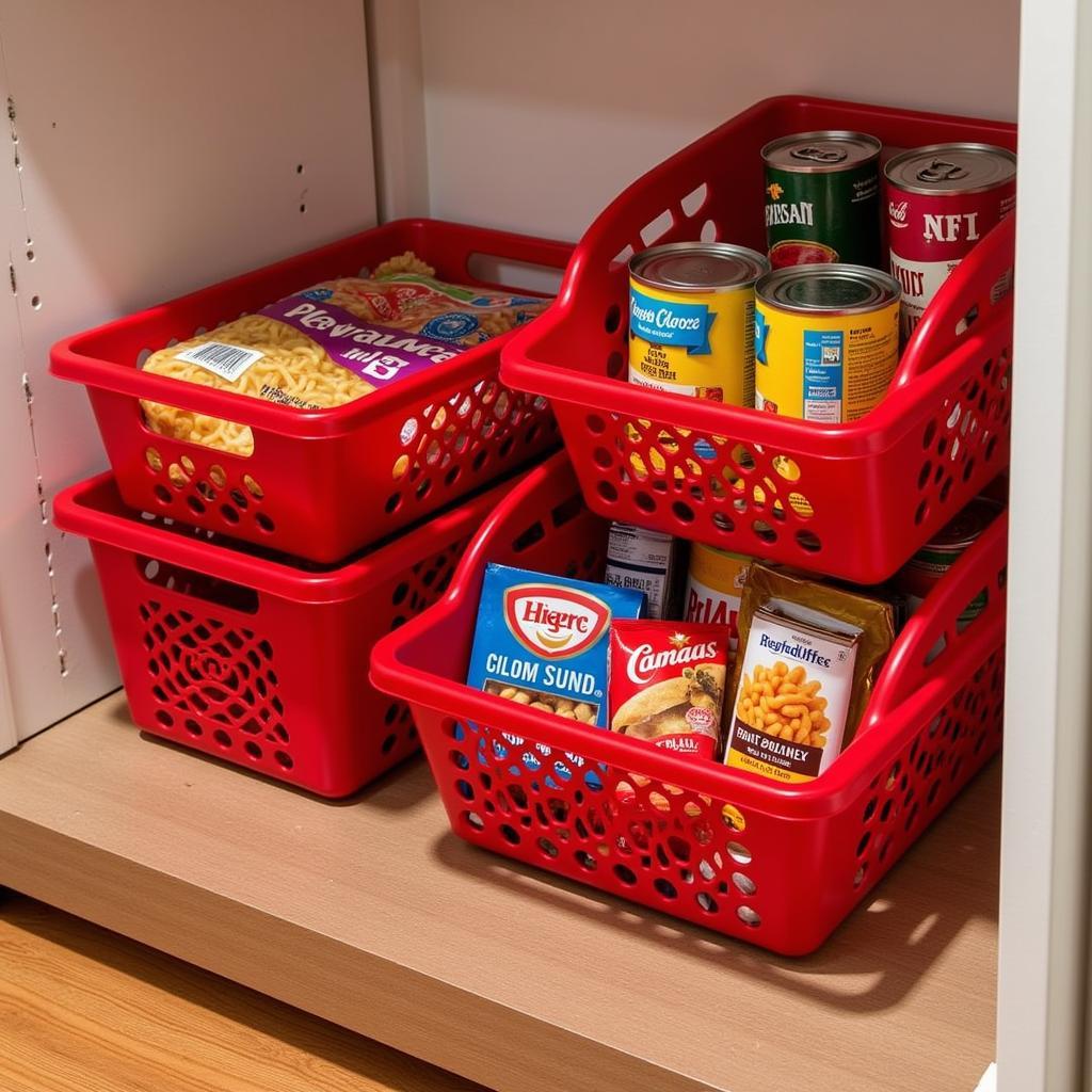 Red plastic baskets used for storage in a pantry.