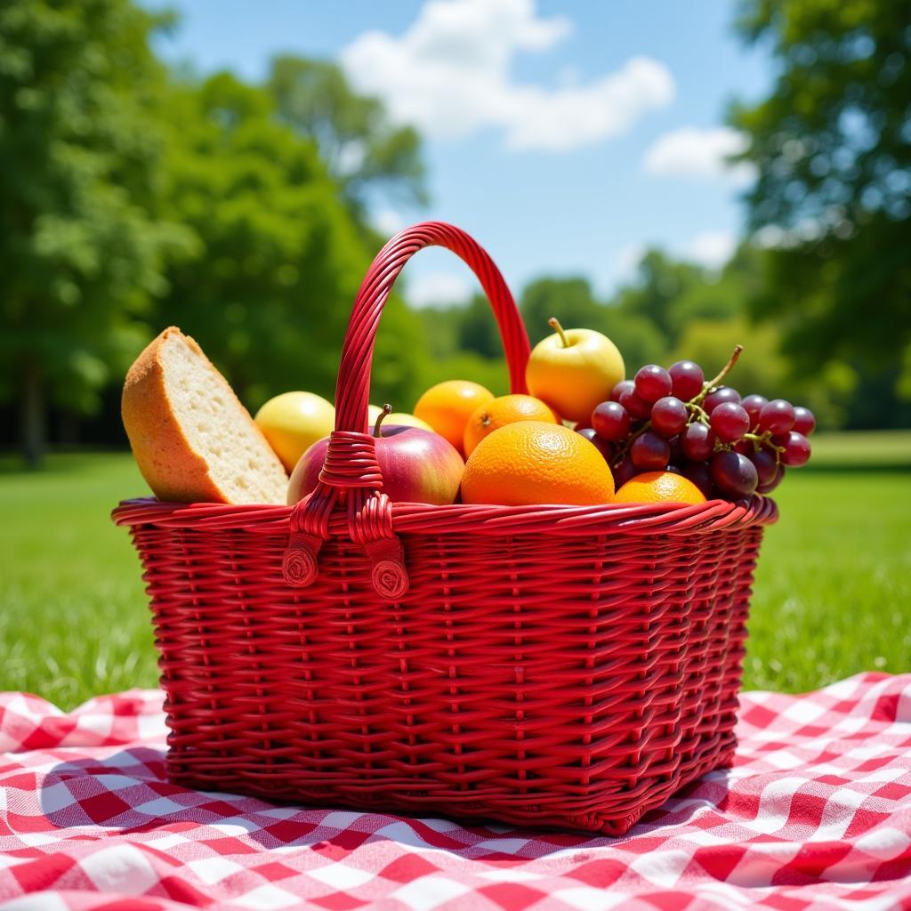 Red wicker picnic basket filled with fresh fruits and bread.