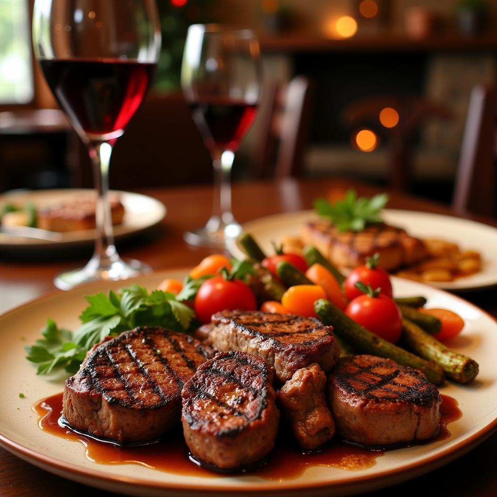 A dinner table setting with plates of steak, roasted vegetables, and glasses of red wine.