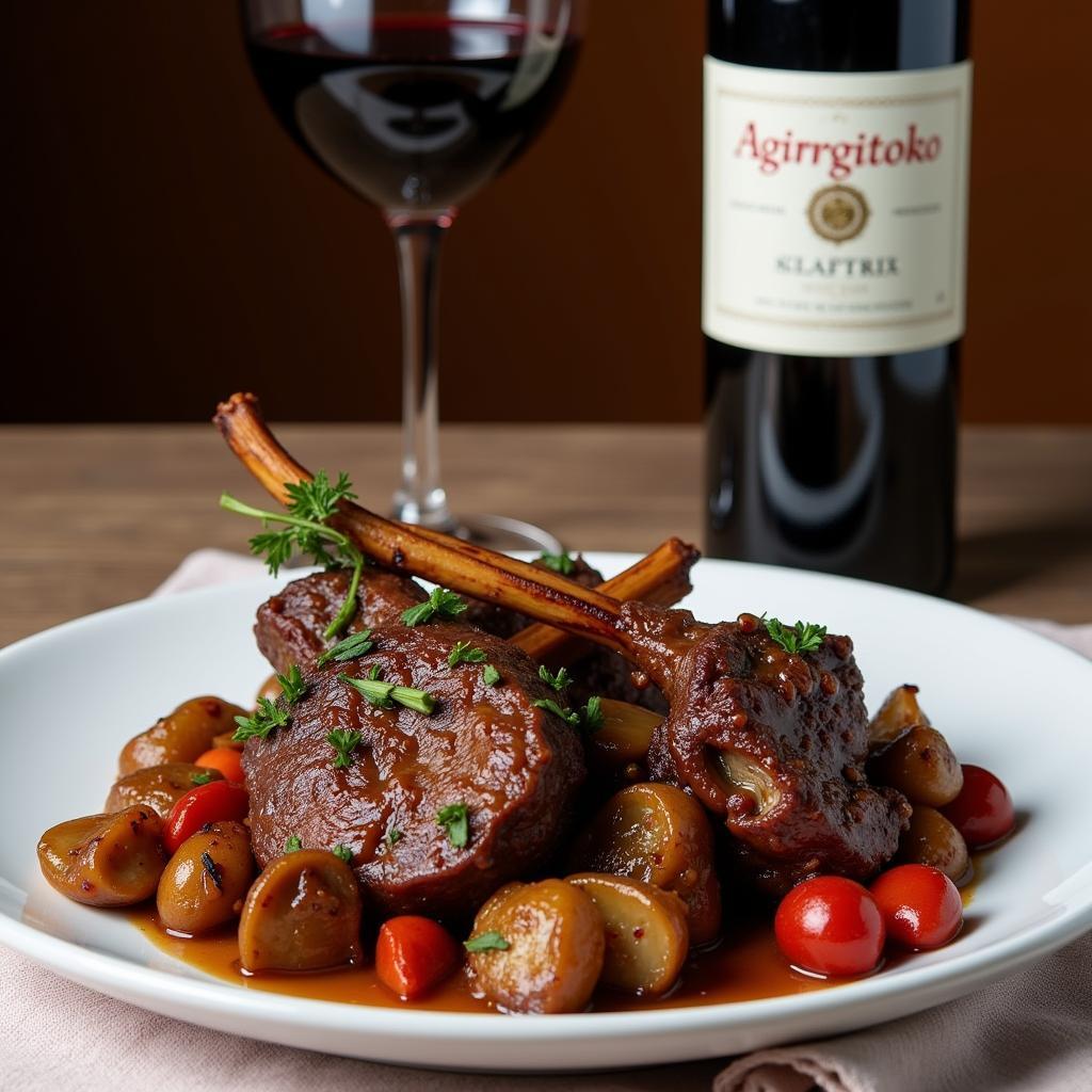 Pairing Red Wine with Lamb Kleftiko: A Glass of Agiorgitiko beside a Serving of Lamb Kleftiko