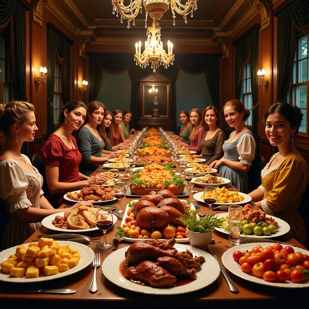 A historical banquet depicting opulent dishes and elaborate table settings