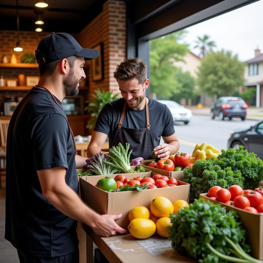 Restaurant owner checking a food delivery from a broadline distributor