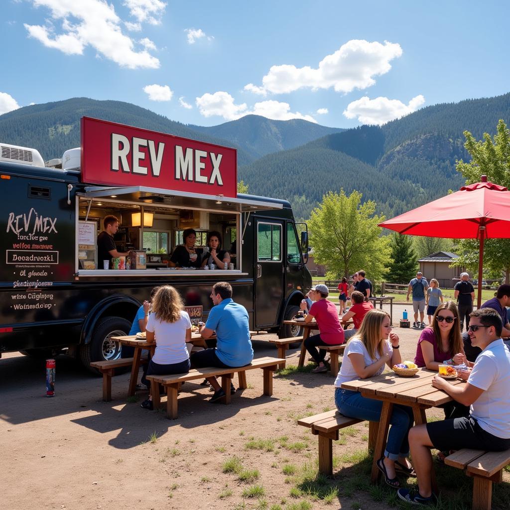 People enjoying their meals at a Rev Mex food truck in Colorado