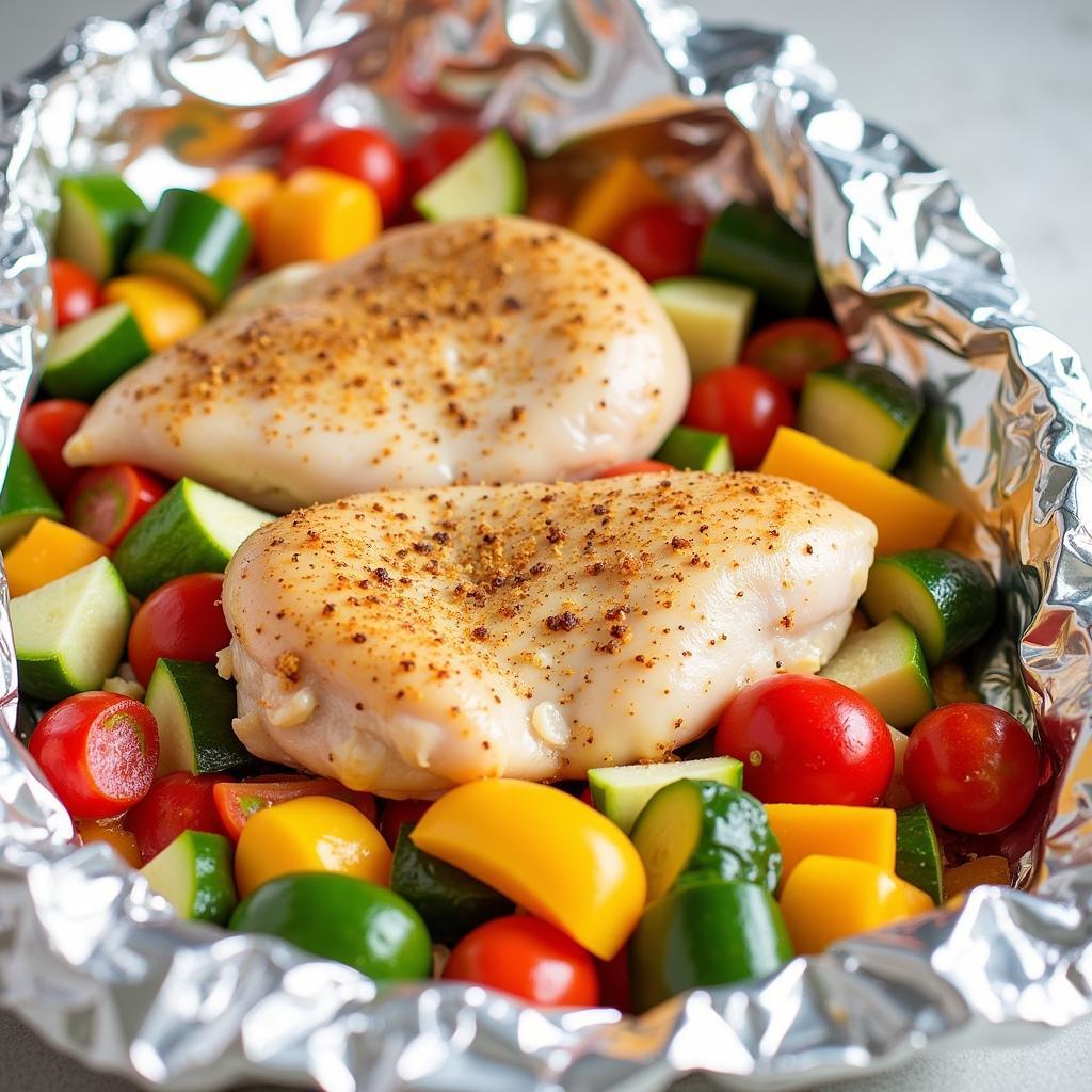 Meal prepping chicken and vegetables in Reynolds Wrap heavy duty foil.