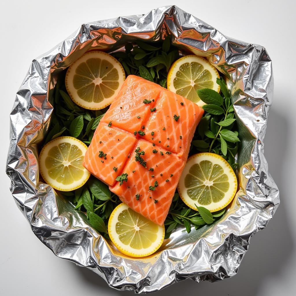 Salmon fillet wrapped in Reynolds Wrap aluminum foil with lemon and herbs, ready for baking.