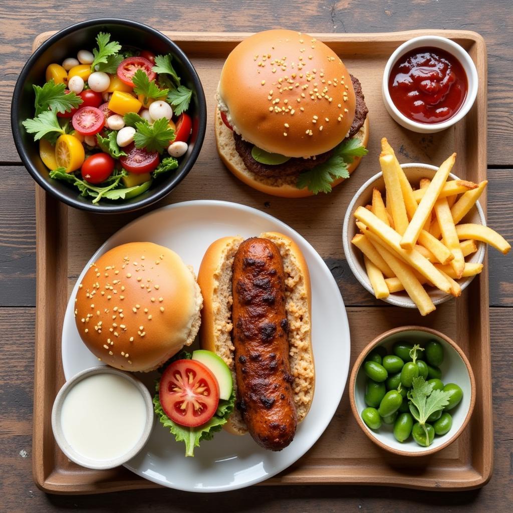 Rice Dog and Hamburger Meal with Various Sides