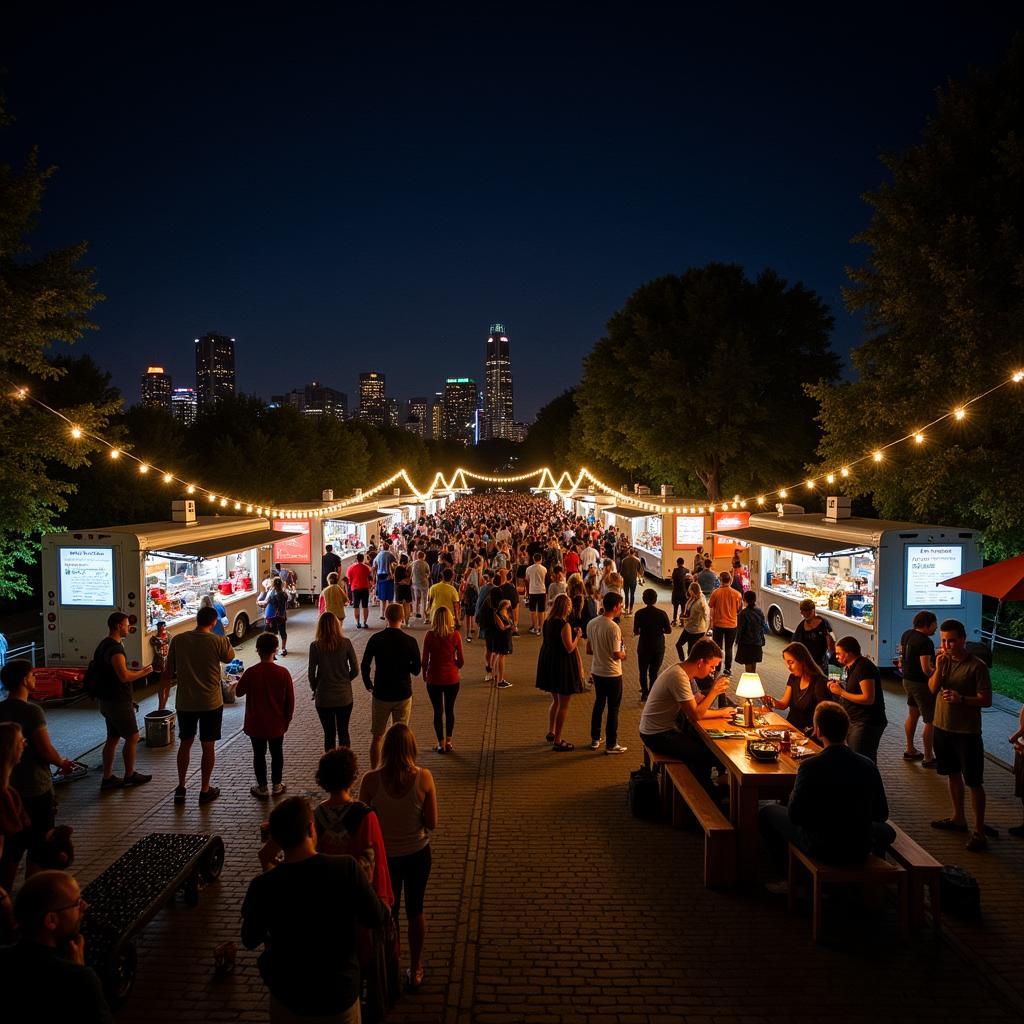 People enjoying the food truck scene in Rio de Janeiro in the evening