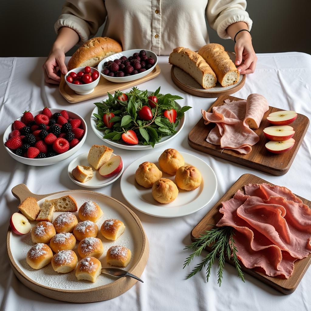 An elegant Rivendell-inspired feast featuring delicate pastries, fresh fruit, thinly sliced meats, and crusty bread.