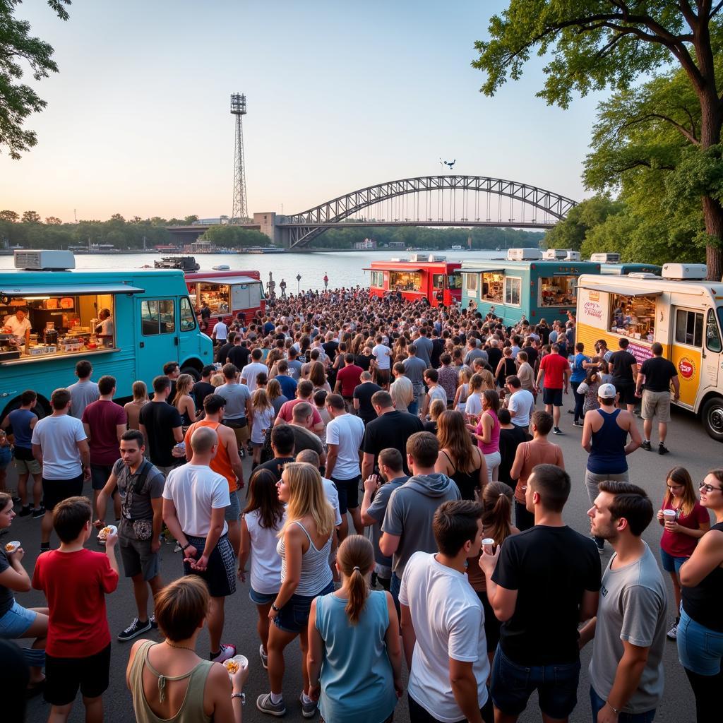 People enjoying the food and atmosphere at the Riverfront Food Truck Festival