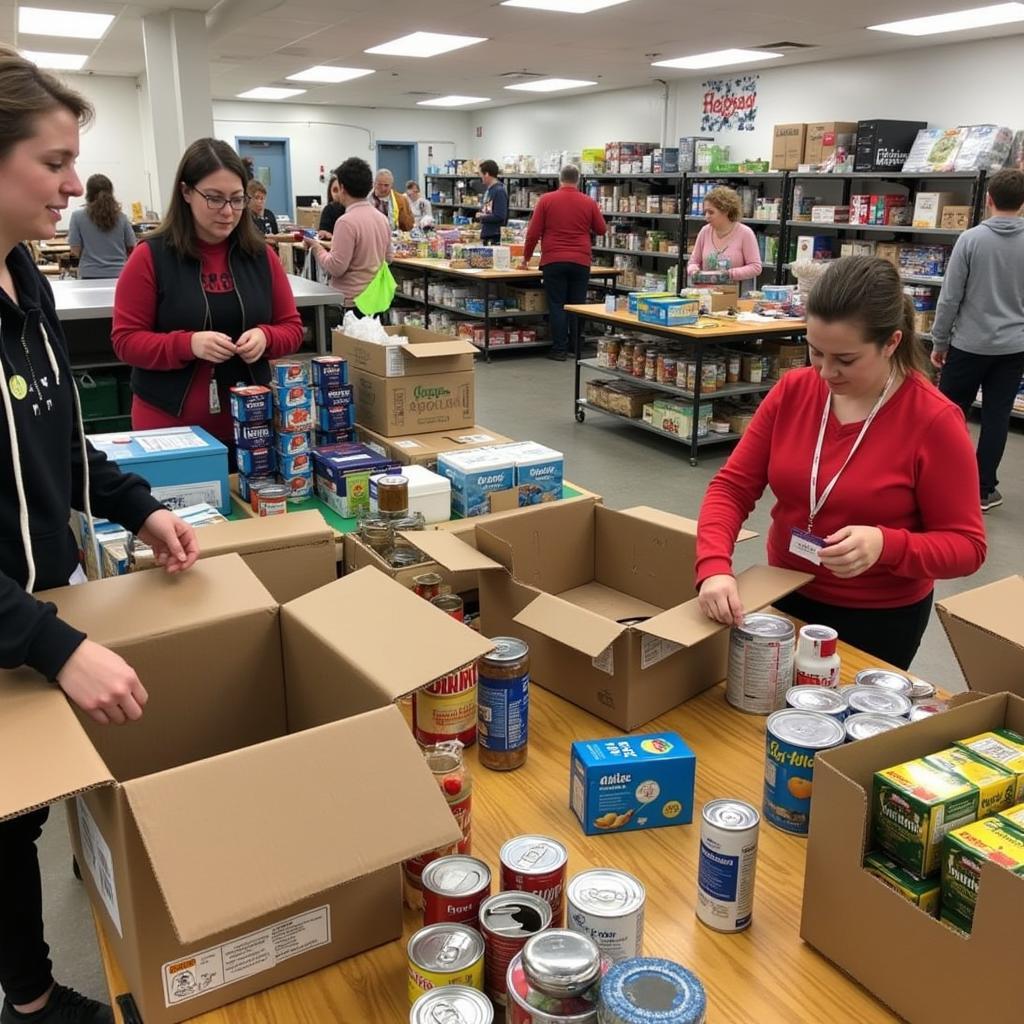 Volunteers sorting and packing food donations at a Riverhead food pantry.